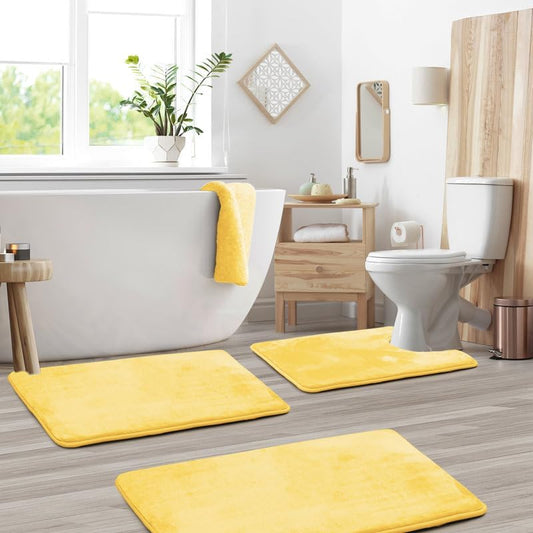 Soft Velvet Fleece Heavy Duty Memory Foam Bathroom Rugs Sets 3 Piece | Pretty Lemon Yellow Color Non Slip Backing Super Water Absorbing Plush Luxury Underfoot Feel Quick Dry Bath Mat