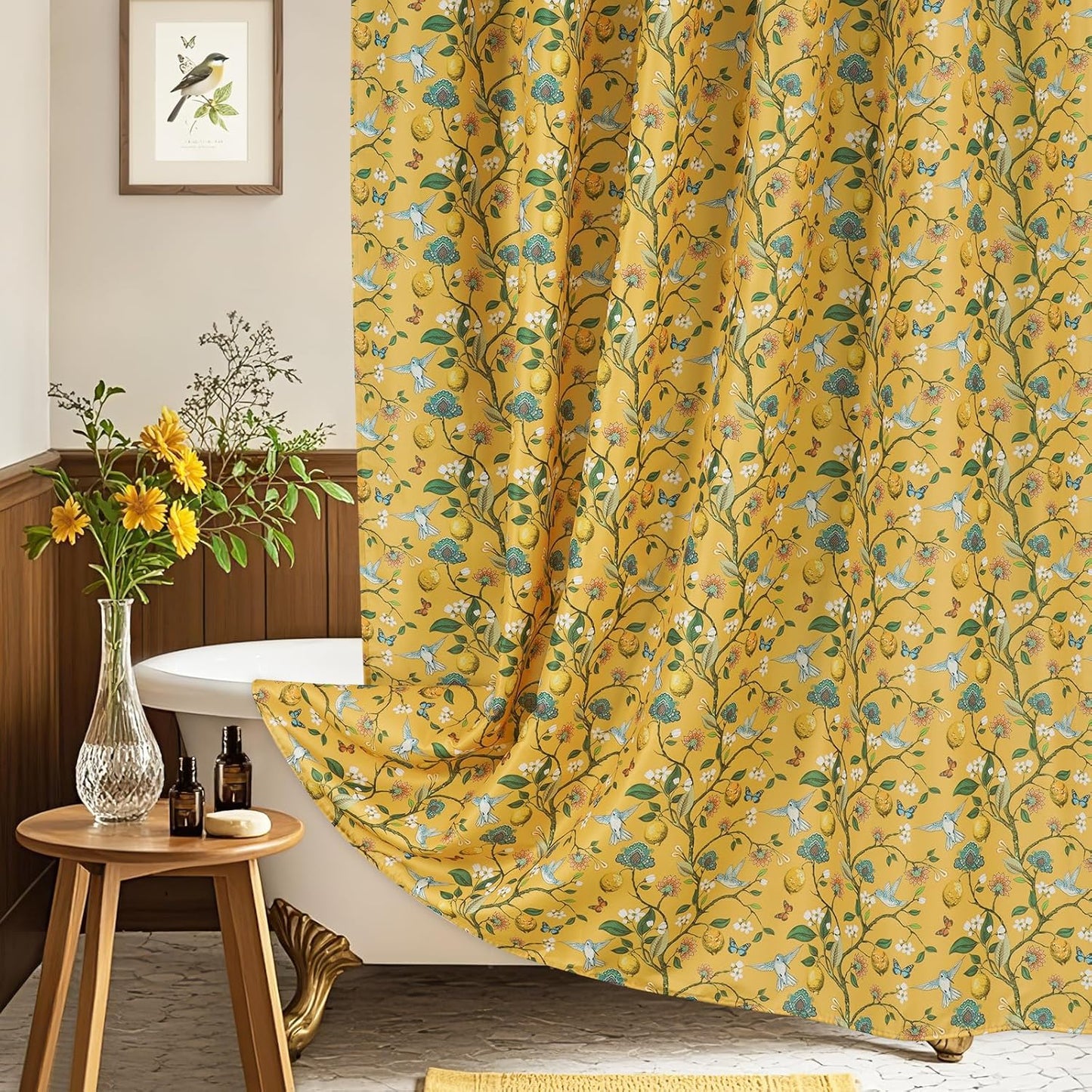 Yellow Floral Bird Shower Curtain 72x72, Hummingbird and Lemon Botanical Fabric Bath Curtains, Lightweight Quick-Dry Bathroom Shower Curtain Set with Hooks