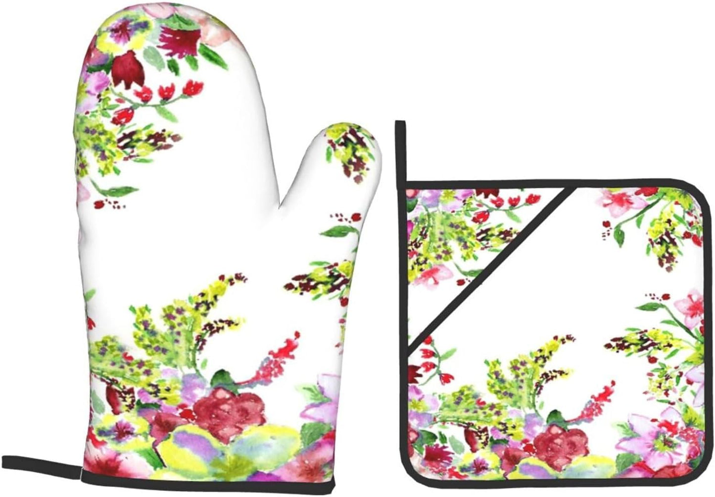 Watercolor Red and Yellow Flowers 4 Pack Custom Design Oven Mitts Pot Holders Set, Thick Polyester Kitchen Gloves for Home Baking Backyard Grilling