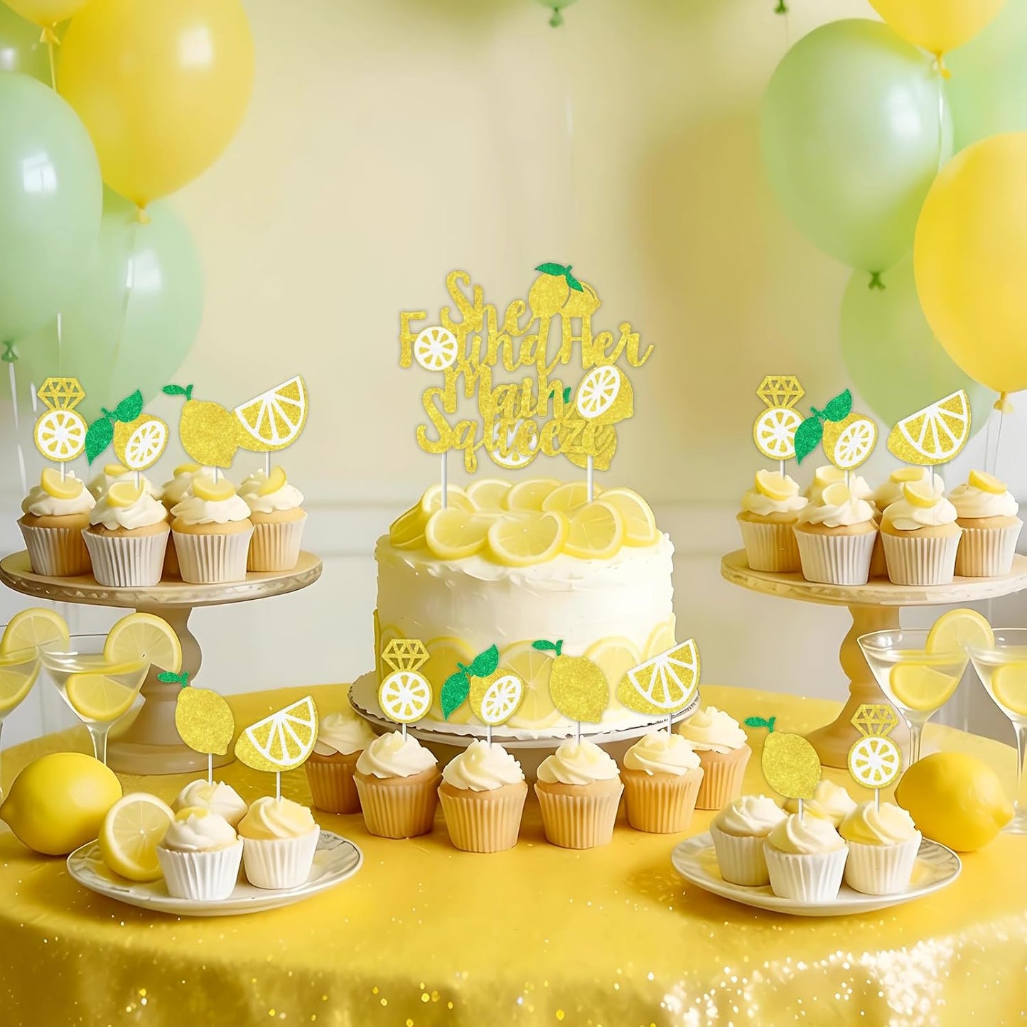 25PCS Lemon Bridal Shower Cake Decorations, She Found Her Main Squeeze Cake Topper and Lemonade Cupcake Toppers, Glitter Fruit Theme Wedding Engagement Bachelorette Birthday Party Supplies
