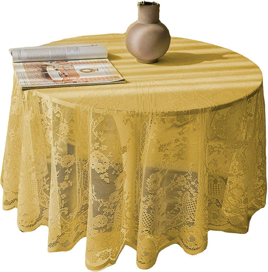 Round Crochet Lace Tablecloth 60 Inch Yellow, Vintage Floral Embroidered Table Cloth, Chic Overlay Lace Table Cover for Wedding Banquet Party Holiday Dinner Table Decor