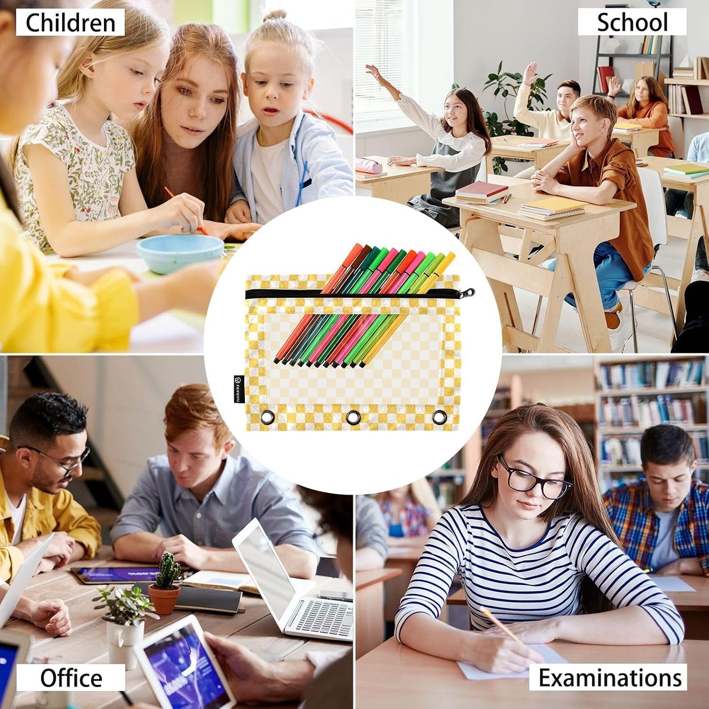 Checkerboard Yellow Pencil Pouch for 3 Ring Binder 2 Pack Binder Pencil Case with Clear Window Pencils Bags with Zipper for Office School College Supplies