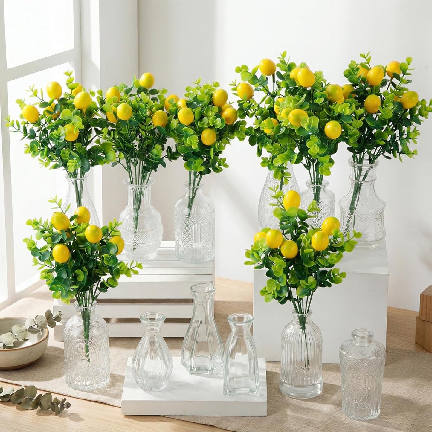 24 Pcs Artificial Lemon Branches with Glass Bud Vase Set 12 Yellow Faux Lemons 12 Mini Clear Embossed Bud Vase for Kitchen Table Bookshelf Home Decoration Wedding Birthday Farmhouse Decor