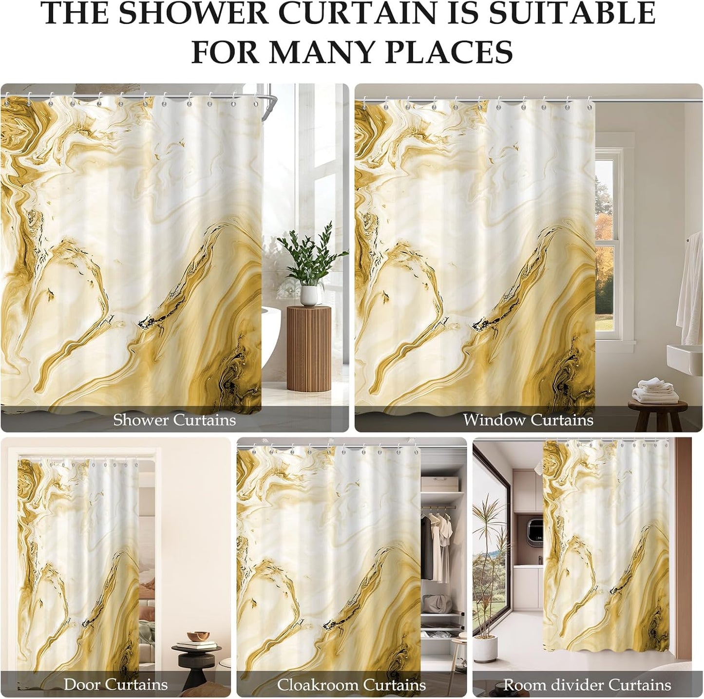 Yellow Marble Shower Curtain, Waterproof Shower Curtain for Bathroom Modern Abstract Art Faux Stone Pattern Bathroom Bathtub Home Decor with Hooks, Machine Washable, 65x72 Inch