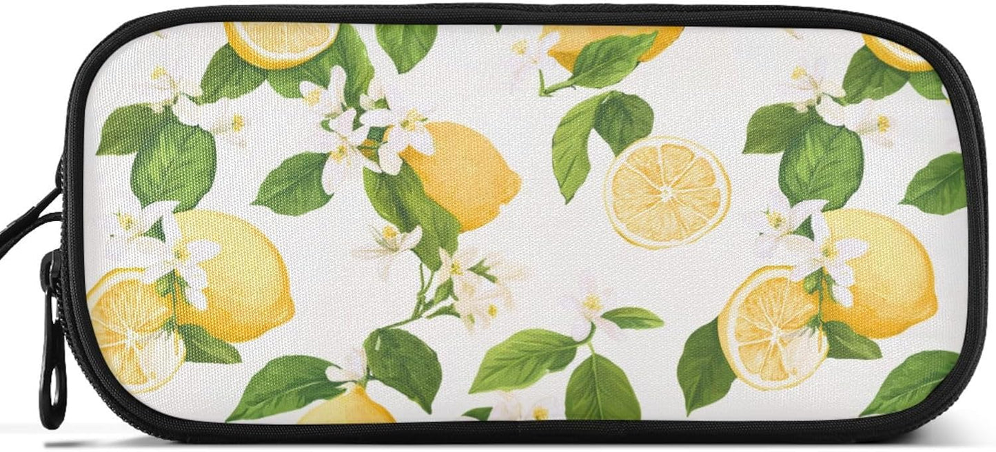 Fresh Summer Lemons Leaves Floral Large Pencil Pen Case Stationery Bag, 3 Compartments School College Office Desk Organizer Storage Pouch Marker for Teen Boys Girls Students