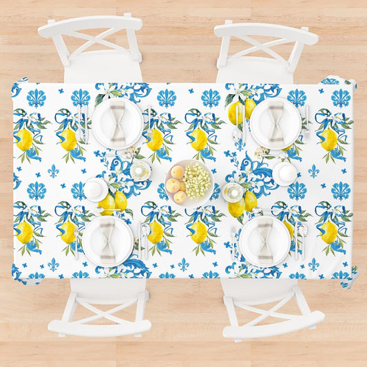 3 PCS Lemon Party Tablecloth,87" Lx54 W Game Rectangular Plastic Tablecovers, Italian Lemon and Blue Pattern Disposable Tablecloth for Bridal Shower Baby Shower Home Kitchen Party Decoration
