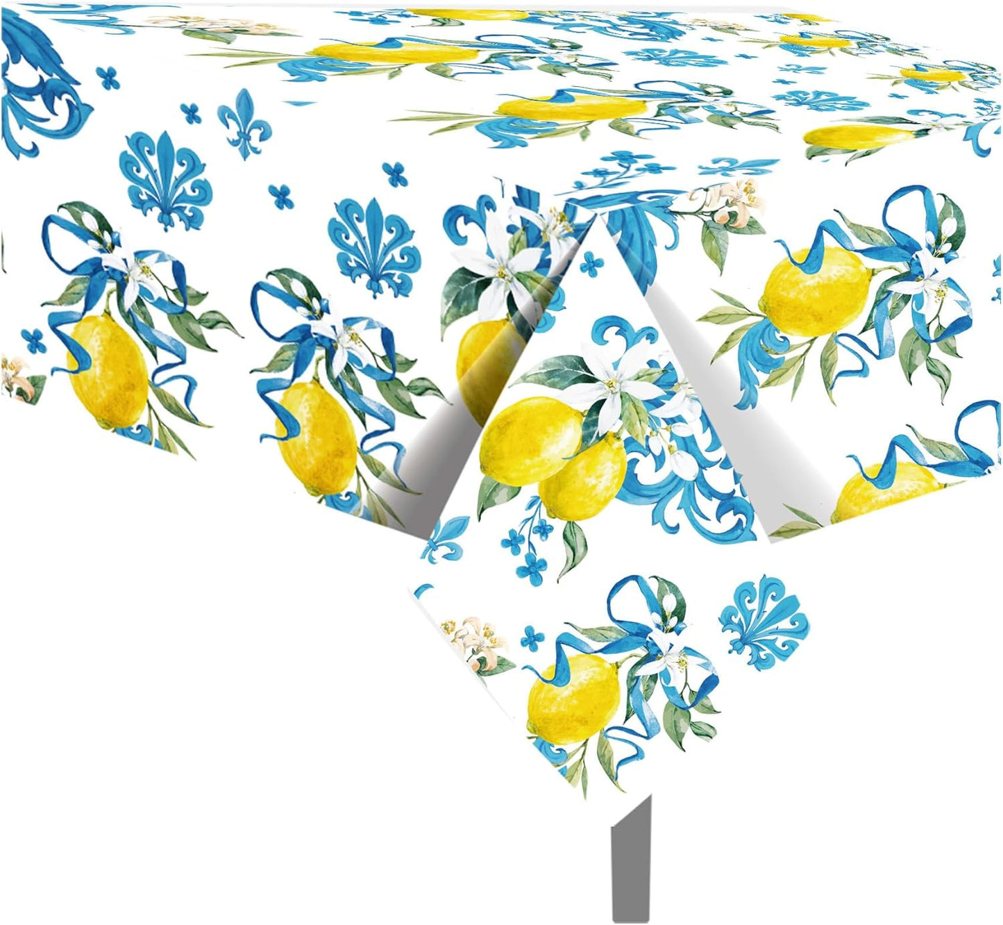 3 PCS Lemon Party Tablecloth,87" Lx54 W Game Rectangular Plastic Tablecovers, Italian Lemon and Blue Pattern Disposable Tablecloth for Bridal Shower Baby Shower Home Kitchen Party Decoration