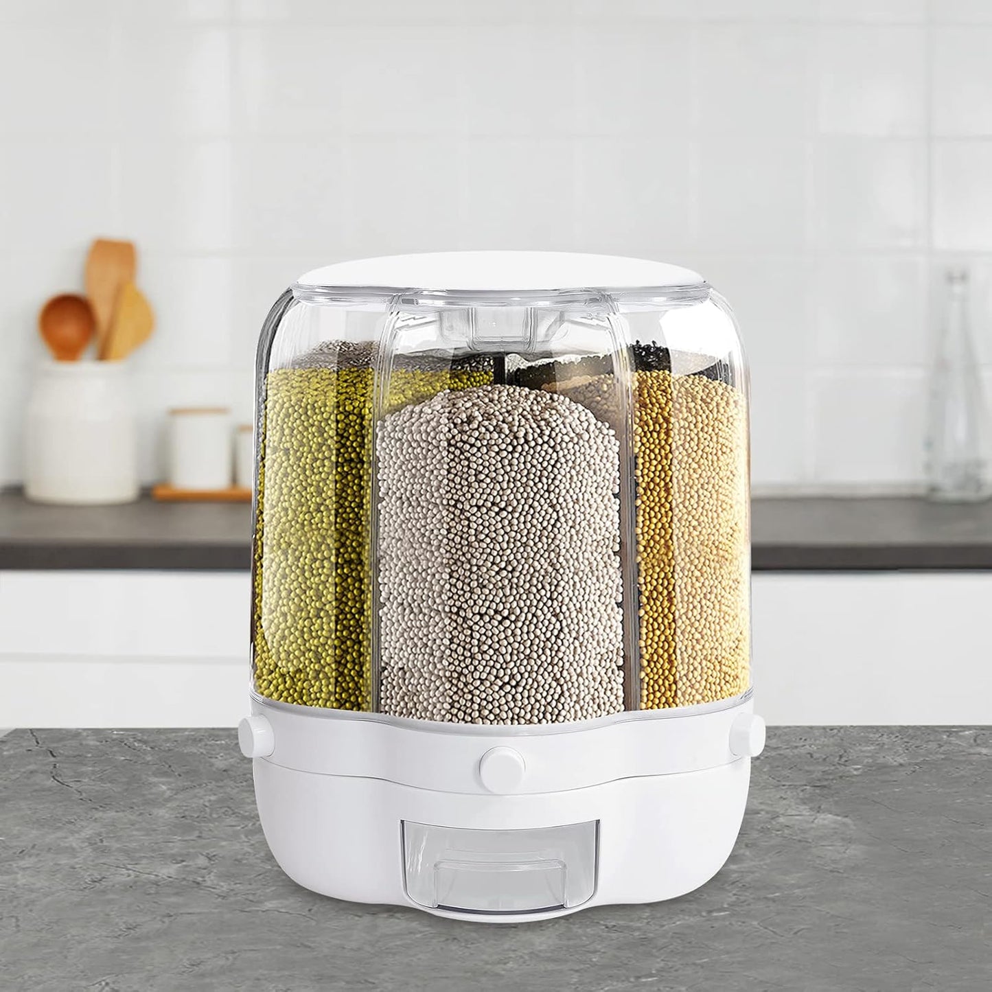 27.56 Lb Rice and Grain Storage Container, 360° Rotating Food Dispenser Measuring Cylinder with Lid Moisture Resistant Household, Airtight Storage of Black Rice, Yellow Rice and Other Small Beans