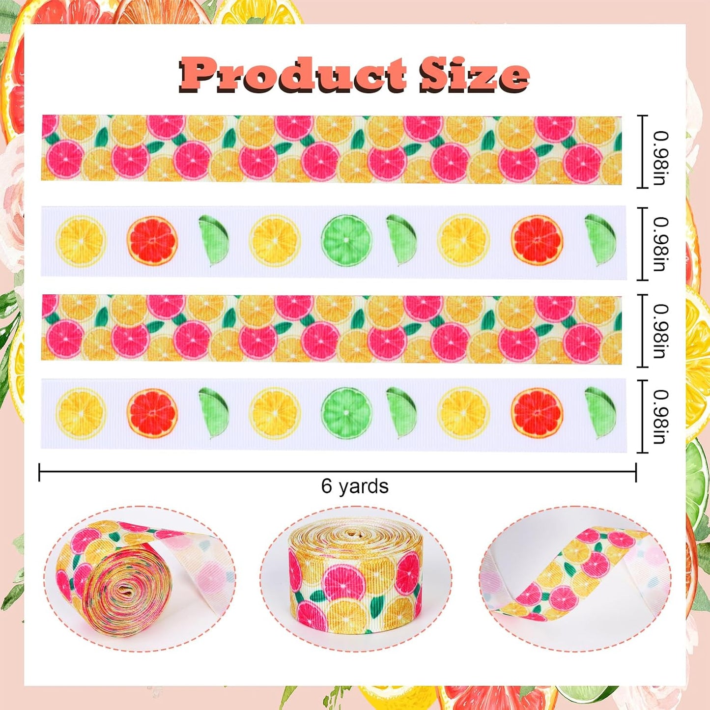 4 Rolls Citrus Lemon Theme Ribbons, 20 Yards Craft Ribbons for Wreath Hair Bow Wrapping Gifts Packing, Fruit Grosgrain Ribbons Gender Reveal Birthday Wedding Party Home Accessory Decor