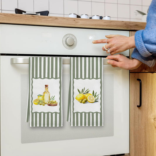Farmhouse Lemon Olive Kitchen Towels, Rustic Sage Green Stripes Summer Fruit Hand Dish Towels Decor, Cottagecore Lemon Olive Oil Tea Towel for Kitchen Bathroom Decorative 16x24 Inch, Set of 2