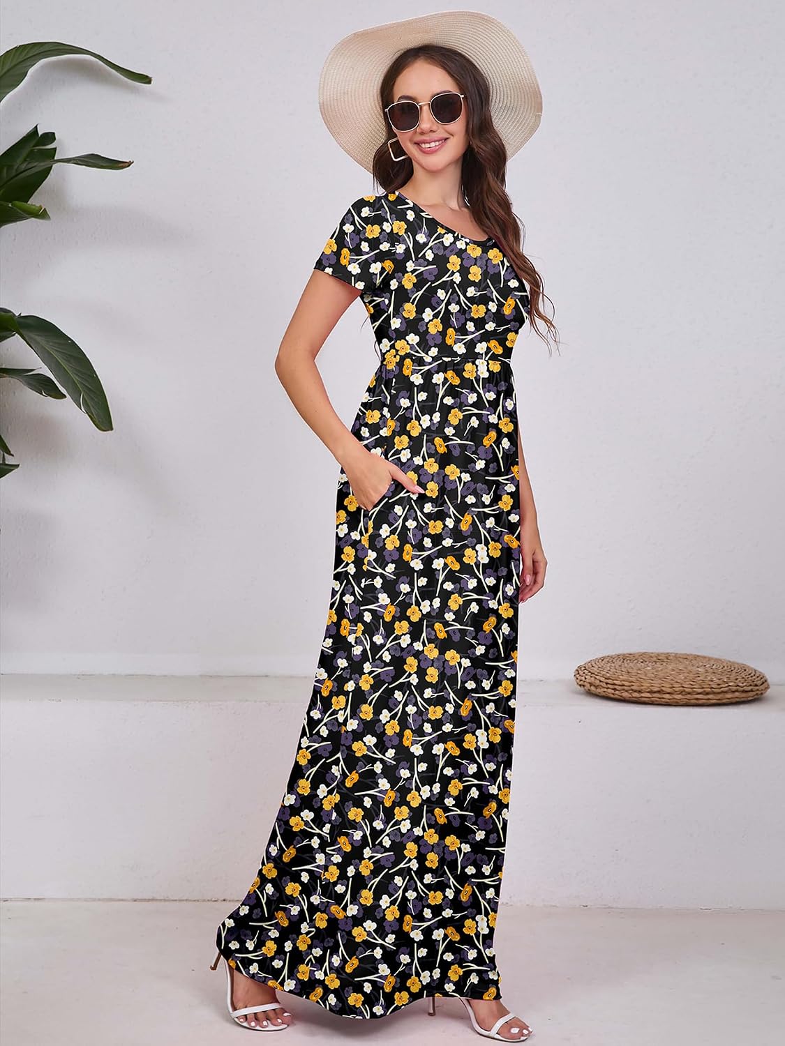 Maxi Dress for Women Short Sleeve Casual Summer Loose Plain Comfy Long Dresses with Pockets