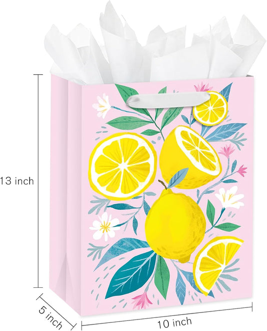 Lemon Pink Gift Bag for Girls, Fresh Yellow Lemon and Floral Design, Medium Size Bag with Tissue Paper, Tag, Greeting Card for Summer Party, Birthday, Bridal Shower, 10" x 5" x 13", 1 Pcs