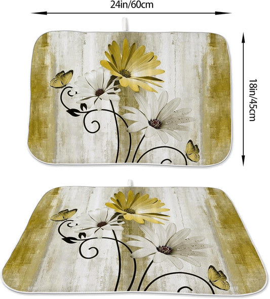 Floral Dish Drying Mat 18x24 Inches For Kitchen Counter Yellow Daisy Flower Kitchen Decoration Drying Mat Modern Decorative Drying Pad For Home Kitchen Decor,Dining Room,Office Decor