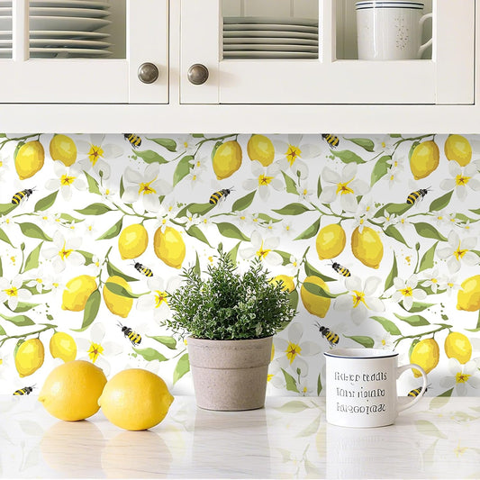 17.5"x275" Yellow Lemon Wallpaper Prepasted Bee Lemon Peel and Stick Wallpaper Floral Wall Paper White Flower Contact Paper for Cabinets and Drawers Walls Shelves Kids Bathroom Waterproof