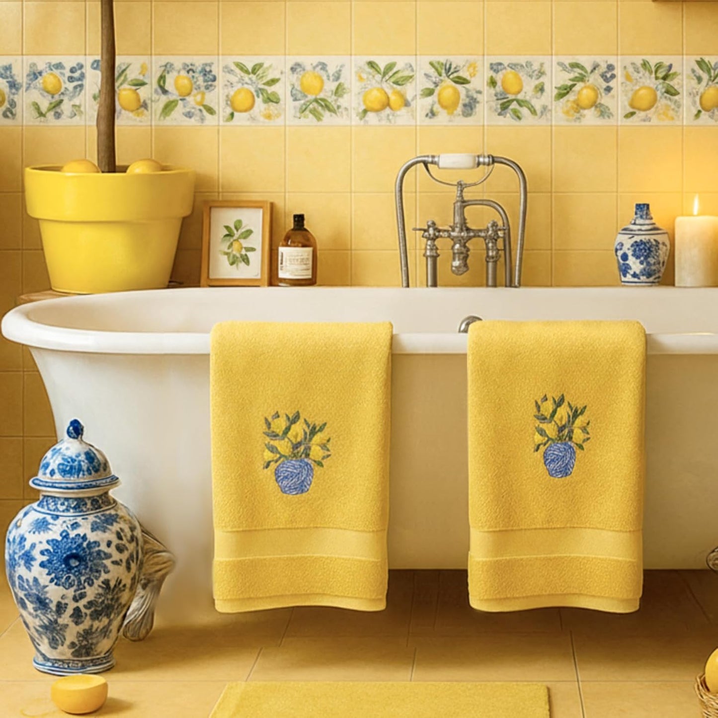 2 Pcs Chinoiserie Vase Lemon Hand Towels Bright Yellow Bathroom Decor 29.5x13.8 Inches Embroidered 100% Cotton Soft Absorbent Spring Summer Decorative Hand Towels for Bathroom Kitchen
