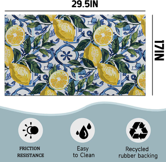 Lemon Fresh Indoor Door Mat,Blue Tile and Leaf Fruit Doormat,29.5x17in Non-Slip Rubber Backing Floor Mat,Entry Rug,for Living Room,Office,Rv,Kitchen,Entryway Doorways Mats Decor,Doormats Gifts