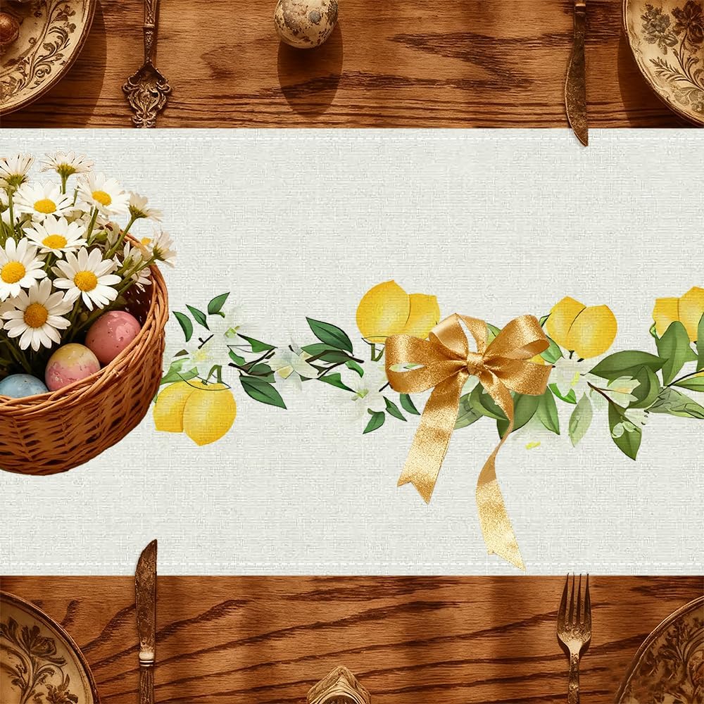 Lemon Table Runner Set with 6 Placemat, Boho Coastal Farmhouse Dining & Coffee Table Runner for Living Room, Rustic Yellow Spring Summer Decor