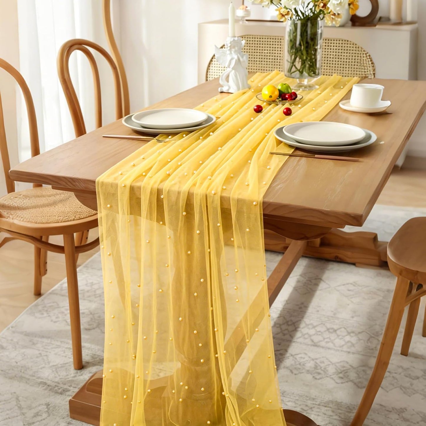 Pearl Table Runner Spring Summer Rustic Boho 10ft Tulle Table Runner for Baby Shower Wedding Veil Holiday Dessert Table Decor Yellow