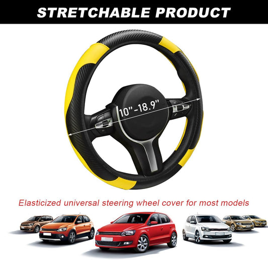 Car Steering Wheel Cover, 15 Inch Carbon Fiber Leather Stitching Color Steering Wheel Protector, Anti-Slip Elastic Breathable Steering Wheel Cover Stylish Decor for Most Cars (Yellow)