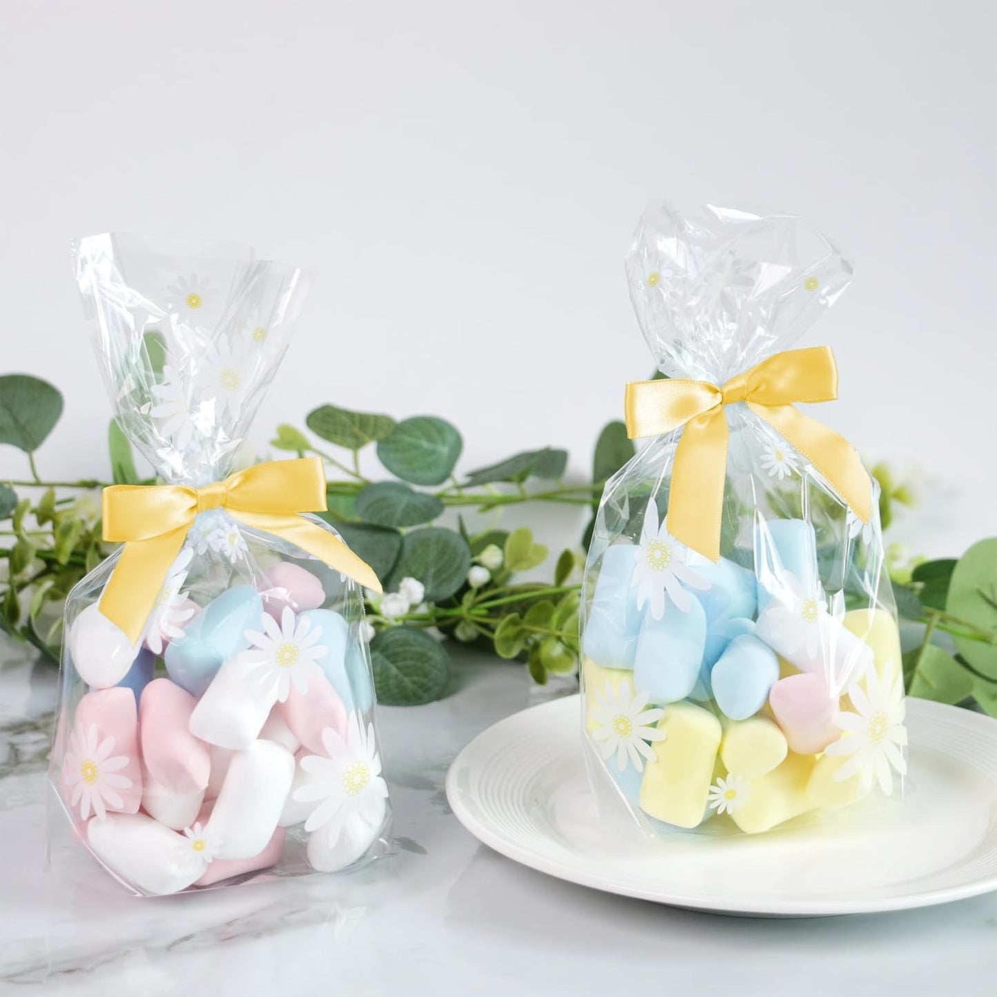 50 PCS Yellow Twist Tie Bows 2.5" Satin Ribbon Bows Decor for Gift Wrapping Craft Treat Bags Cake Pop Basket, Wedding Baby Shower Birthday Party Favors