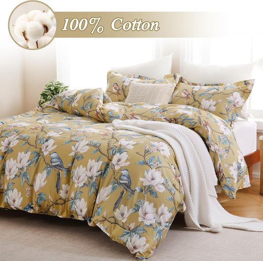 Floral 100% Cotton Duvet Cover Queen Size,Flowers and Birds Pattern Reversible Comforter Cover with Zipper Closure,Soft 3 Pieces Yellow White Spring Theme Bedding Set with 2 Pillow Shams