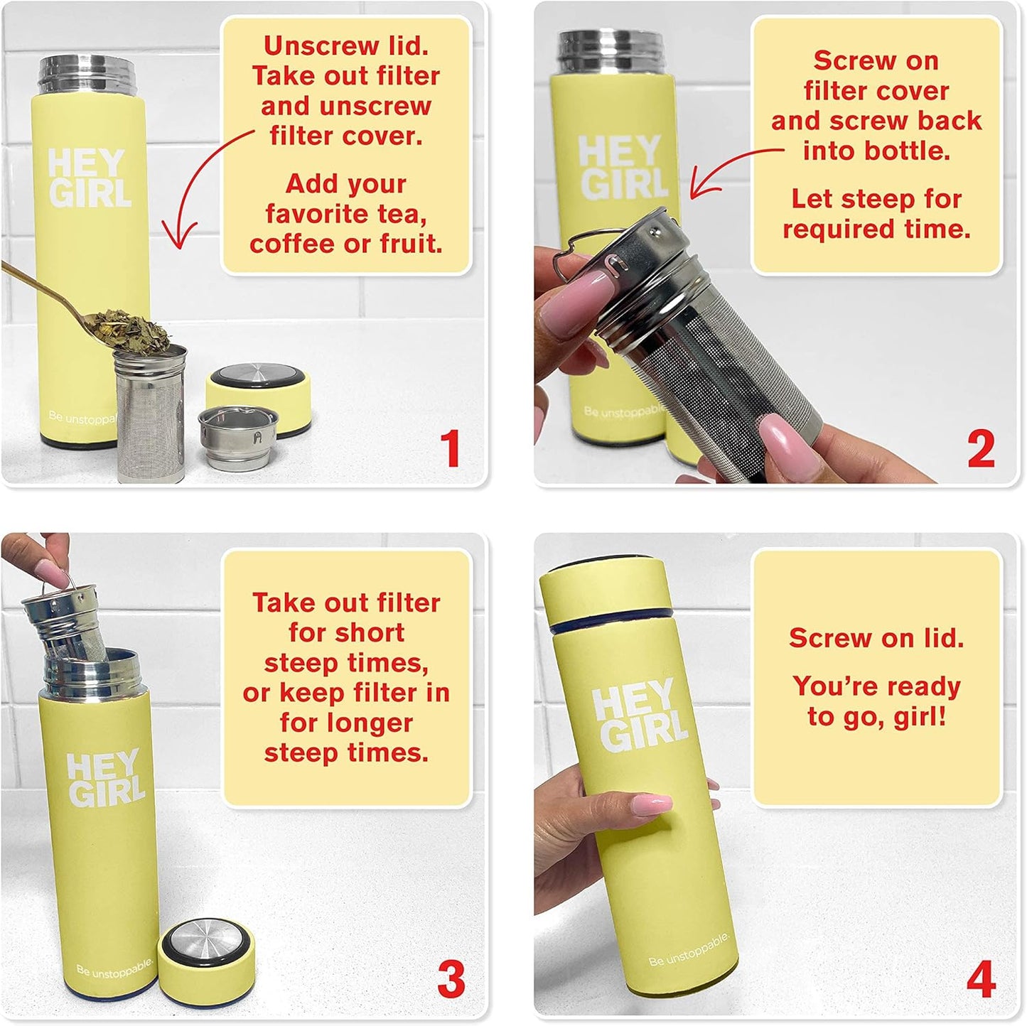 Infuser Bottle 450ml - Insulated Stainless Steel Water Bottle - Tea Tumbler with Tea Diffuser - Portable Travel Mug for Loose Leaf Tea & Infused Water - Tea Lovers Gifts for Women