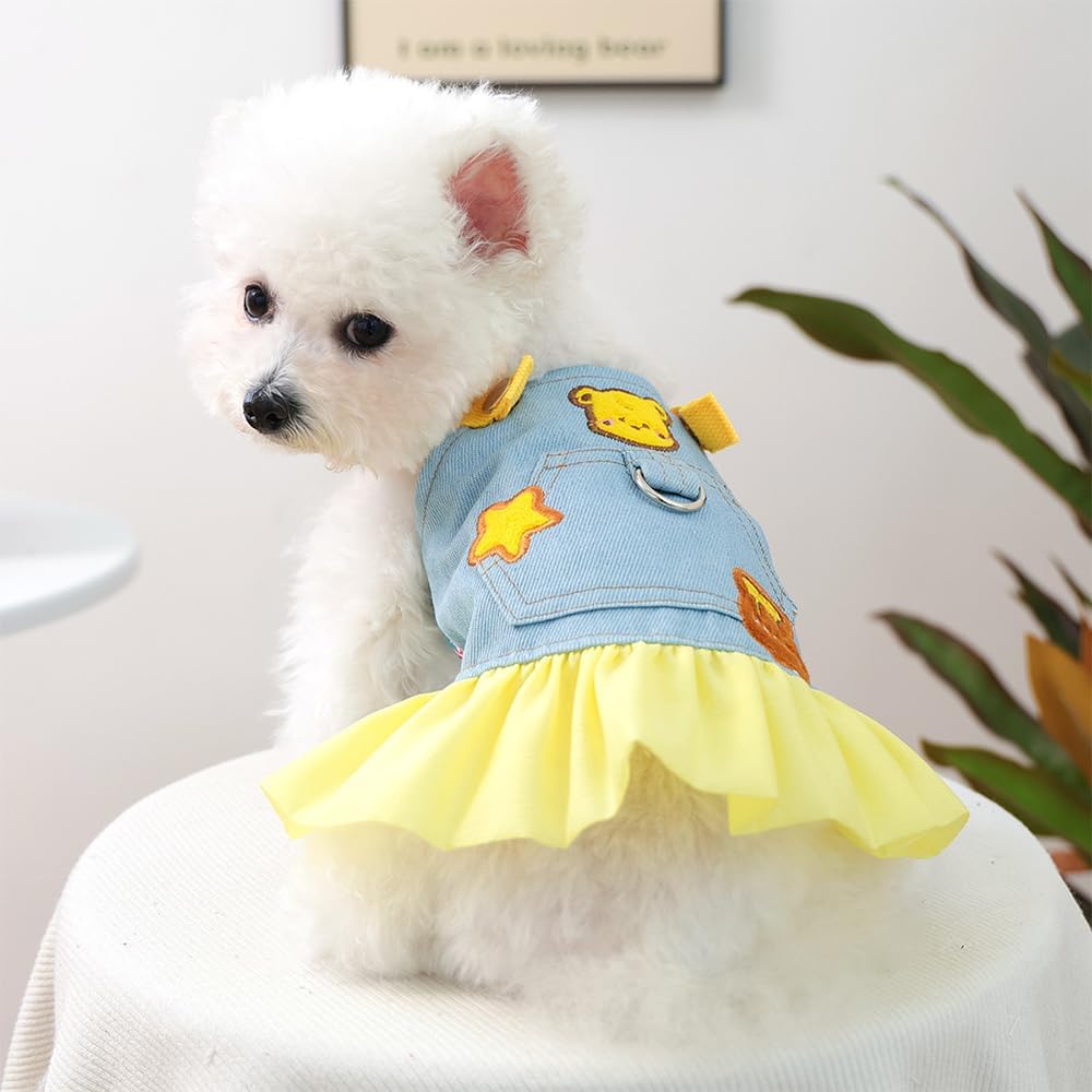 Small Dog Denim Dress with D-Ring & Cute Pattern Girl Puppy Dress Harness Female Dog Clothes Cute Cat Denim Jacket Holiday Pet Outfit for Chihuahua Yorkie Poodle (Yellow, Small)
