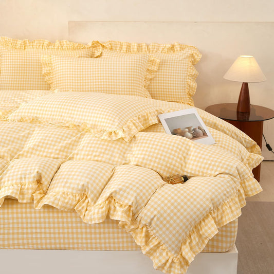 Gingham Duvet Cover Twin Size, Yellow Bedding, Farmhouse French Country Style for Bed Decor, 2PCS - Ruffle Duvet Cover 66x90 Inch and 1 Pillowcase, Vintage Shabby Chic Plaid Checkered