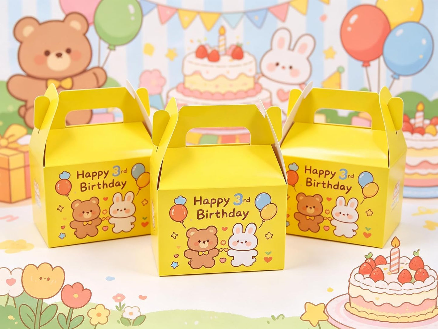 24 Pack Yellow Gable Boxes with Handles 6.2x3.5x3.5 Inch Paper Party Favor Gift Box for Summer Parties Kids Birthdays Friendship Events Sunshine Themes