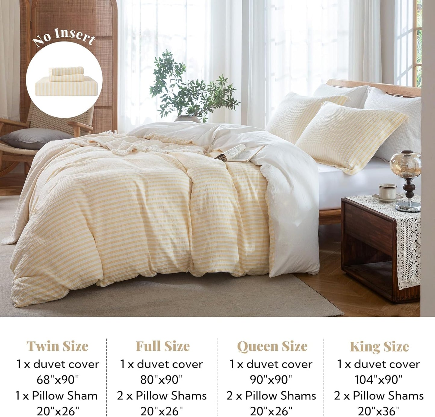 Yellow Striped Duvet Cover - 100% Washed Cotton Boho Jacquard Textured Comforter Cover Set 3pcs with Dual Zipper Closure & 8 Corner Ties Soft & Lightweight for All Season 90"x90"