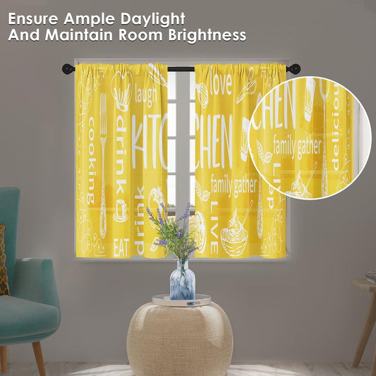 Yellow Kitchen Curtains 36 Inch Length Modern Window Short Tier Curtains Over Sink Set of 2, White Doodle Abstract Art Small Kitchen Decor