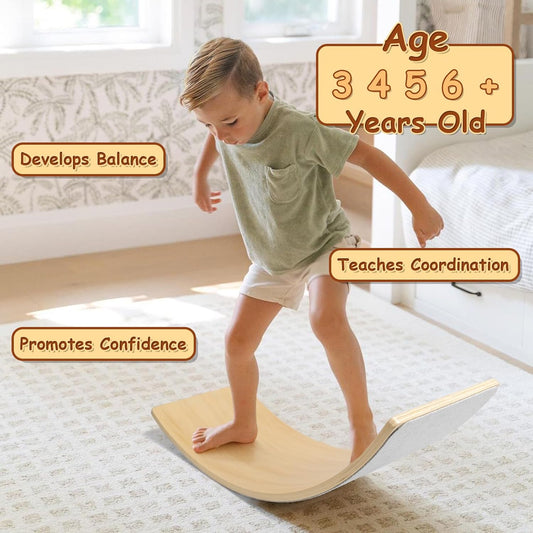 Wobble Balance Board, Wooden Montessori Toy Rocker Board Natural Wood Kids Toddler Open Ended Learning Toy Yoga Curvy Board for Adult Office Classroom Christmas Gifts