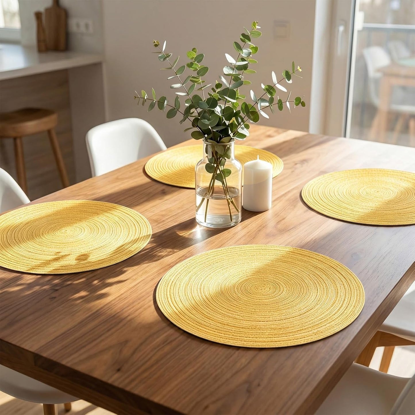 Round Braided Placemats Set of 6 Woven Table Mats for Dining Table Heat Resistant Easy to Clean Perfect for Kitchen & Home Decor (Yellow)