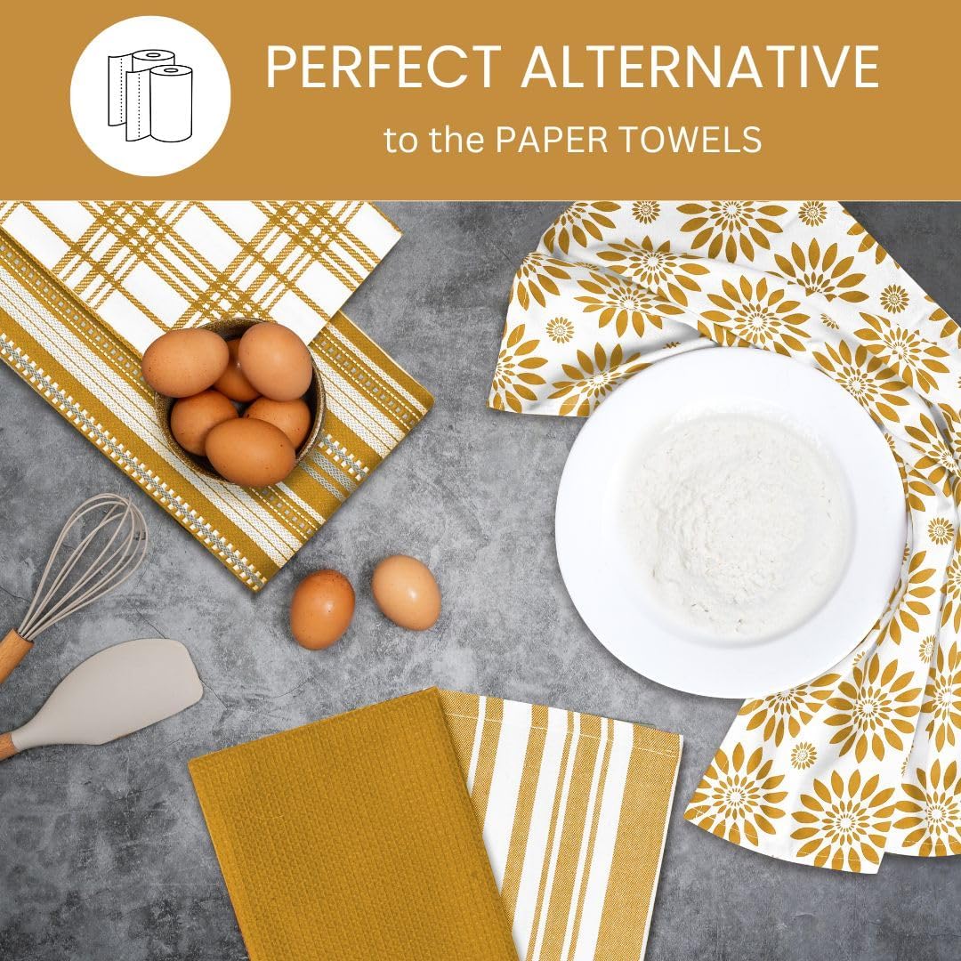 Assorted Kitchen Towels Large 16x26 inches 100% Cotton Set of 5 - Soft Absorbent Washable Tea Towel for Kitchen - Dish Cloths with Hanging Loop - Quick Drying Towels Yellow Mustard