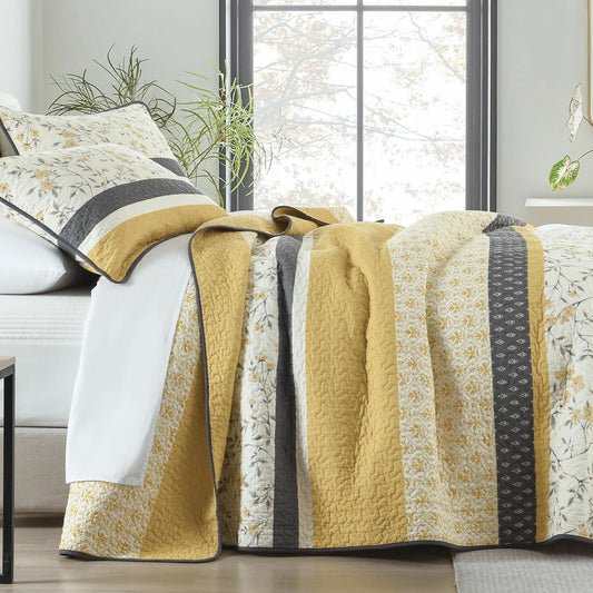 100% Cotton King Quilt - Modern Stripe King Size Quilt with 2 Pillow Shams, Bedspread Reversible Lightweight Comforter Bedding Set for All Seasons, Yellow(Gold)/Gray/White