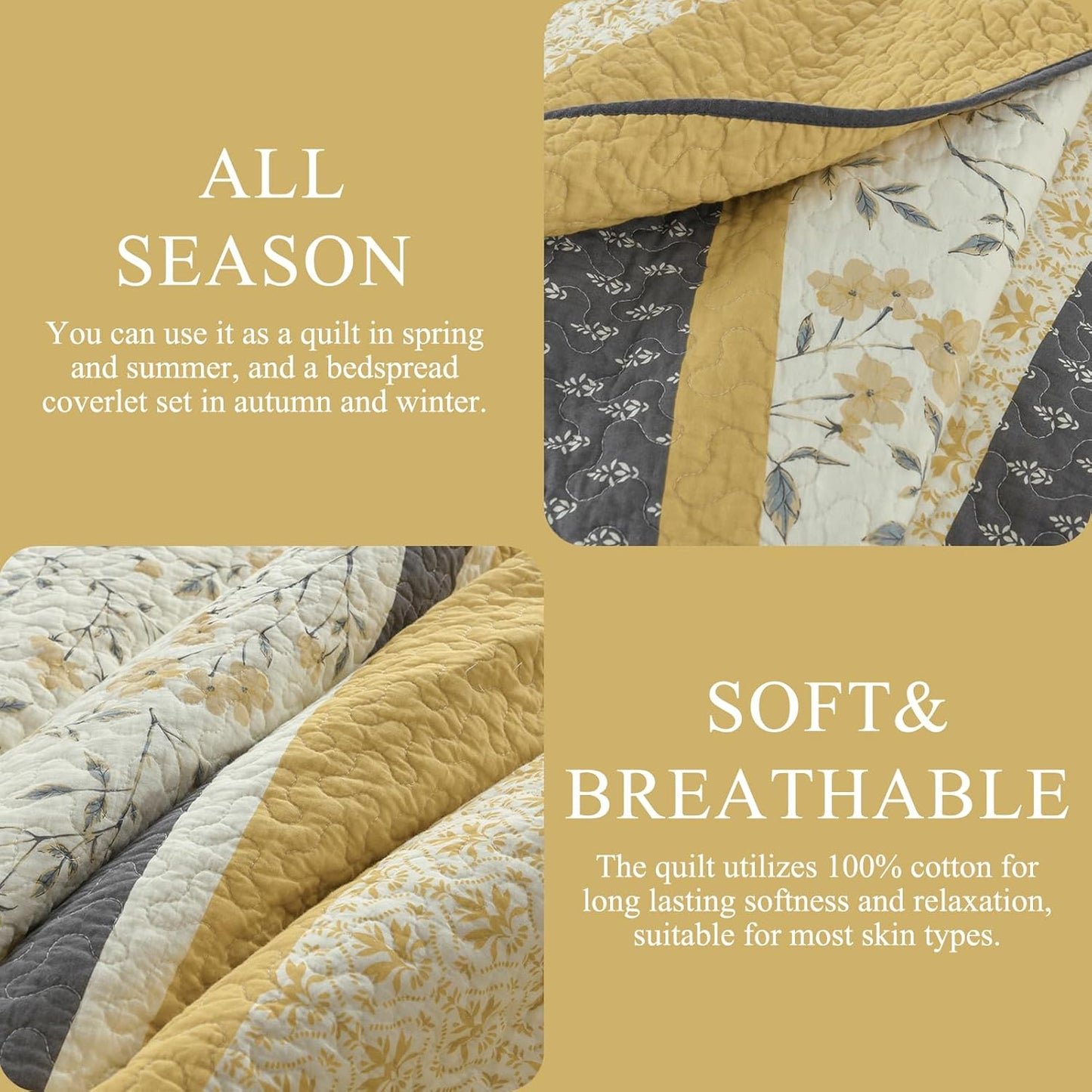100% Cotton King Quilt - Modern Stripe King Size Quilt with 2 Pillow Shams, Bedspread Reversible Lightweight Comforter Bedding Set for All Seasons, Yellow(Gold)/Gray/White