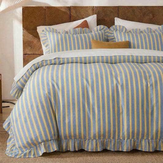 Blue and Yellow Striped Duvet Cover Set Queen – 100% Cotton, Ruffle Trim Bedding Set, Soft Lightweight Breathable, Ribbon Stripe, 3 Pieces Set