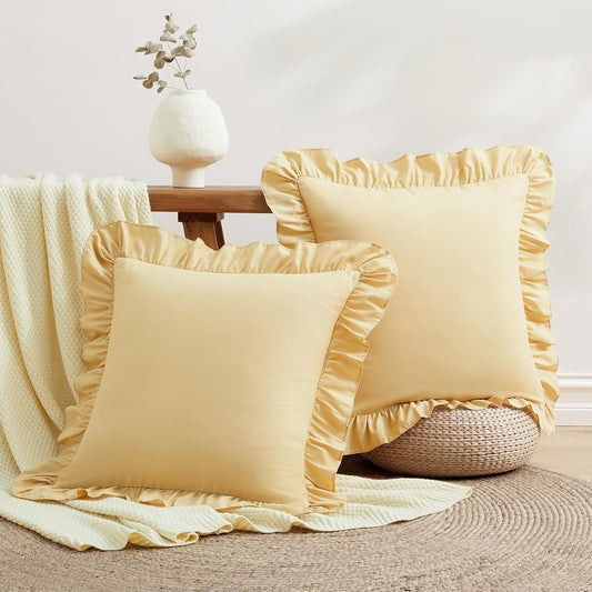 Ruffle Euro Pillow Covers, Yellow, 26x26 Inches, 2 Pack | Square Pillow Cases, Microfiber, Decorative Euro Sham Covers, For Sofa Couch Bedroom Living Room