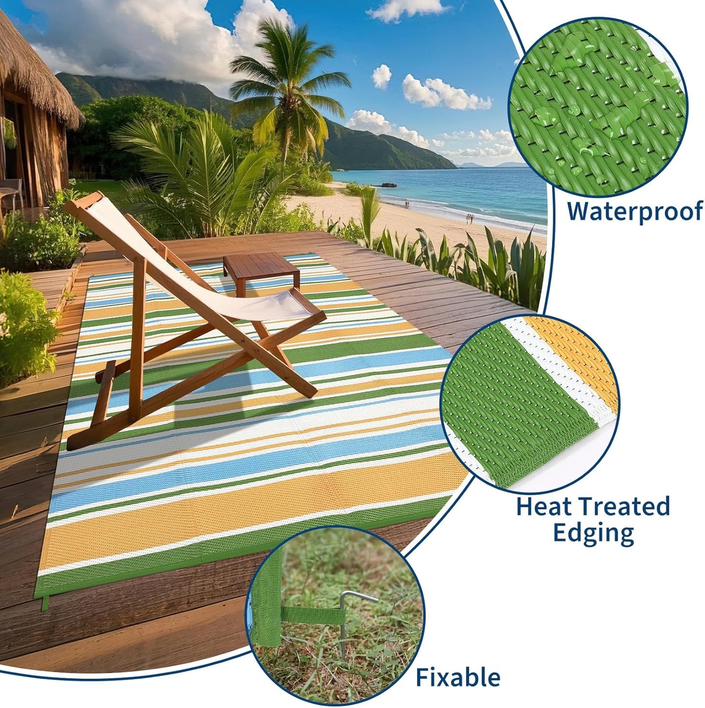 Waterproof Outdoor Rug 8x10, Modern Line Reversible Plastic Straw Patio Camping Rugs, Outdoor Indoor RV Mat Carpet for, Outside Entry, Backyard, Deck, Bench, Picnic, Camper,Yellow/Multi