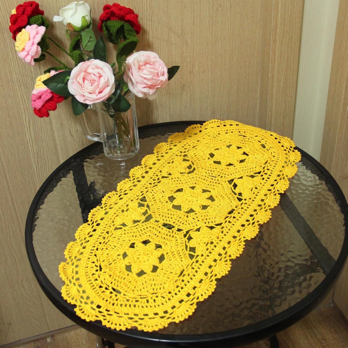 Handmade Crochet Lace Doily Oval Placemat, 10" x 22", Yellow | 3 Flowers Hollow Design, Pack of 1 PC, Wedding & Home Decor, Table Desk Vase Mat