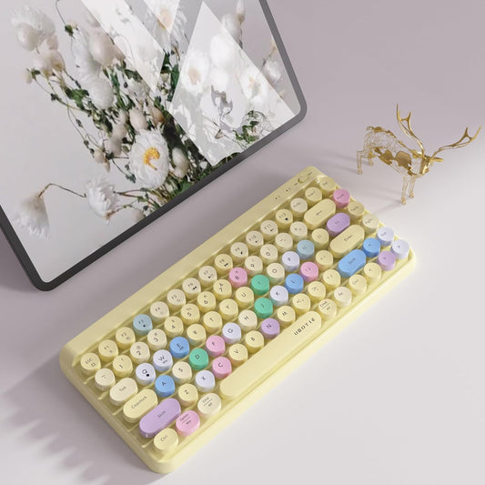 Portable Bluetooth Colorful Computer Keyboards, Wireless Mini Compact Retro Typewriter Flexible 84Keys Design Keyboard (Yellow-Colorful)