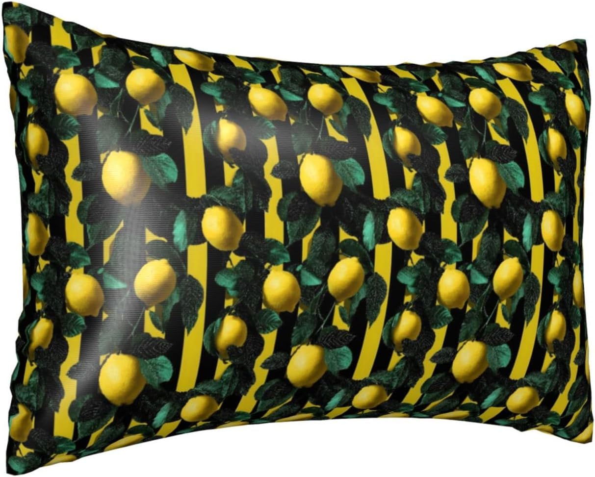 Yellow Black Striped Lemon Print Satin Pillowcase for Hair and Skin, 20x30 Inches Pillow Cases, Queen Size Pillowcases with Zipper, Similar to Silk Pillow Covers