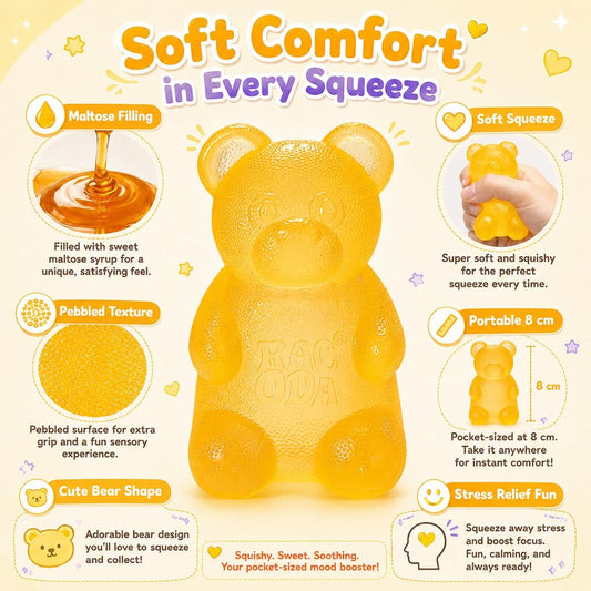 Gummy Bear Squishy Fidget ,Yellow Taba Squishy Bear Squeeze Toys | Pocket Size Non-Sticky Slow Rising Stress Ball for Anxiety Relief,Quiet Sensory Desk Toy for Kid Adult with Autism,Odor Free