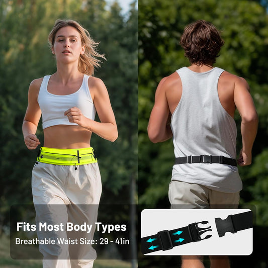 Running Belt for Women & Men, Fanny Pack with Marathon Bib Clip, Neon | Slim Adjustable Phone Holder Pouch; Reflective Waist Packs for Running Essentials; Waterproof Zipper Pockets
