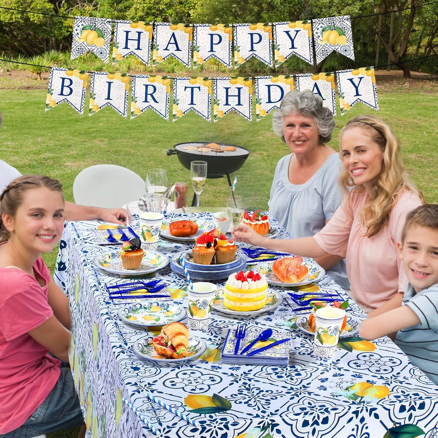 194 Pcs Capri Lemon Birthday Party Decoration for 24, Amalfi Coast Lemon Paper Plates Napkins Cups Tablecloth Cutlery Banner Tableware Set for Italian Summer Mediterranean Party Supplies