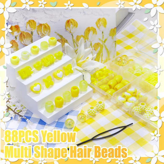 88PCS Yellow Hair Beads Box Braids Beads Accessories for Kids Girls | 10 Styles Hair Beads for Braids Heart Beads for Hair AB Color Pony Beads Cute Dreadlock Beads Lovely Braids Accessories