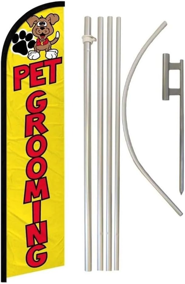 Pet Grooming Yellow & Red Windless Banner Flag & Flag Pole Kit & Ground Spike