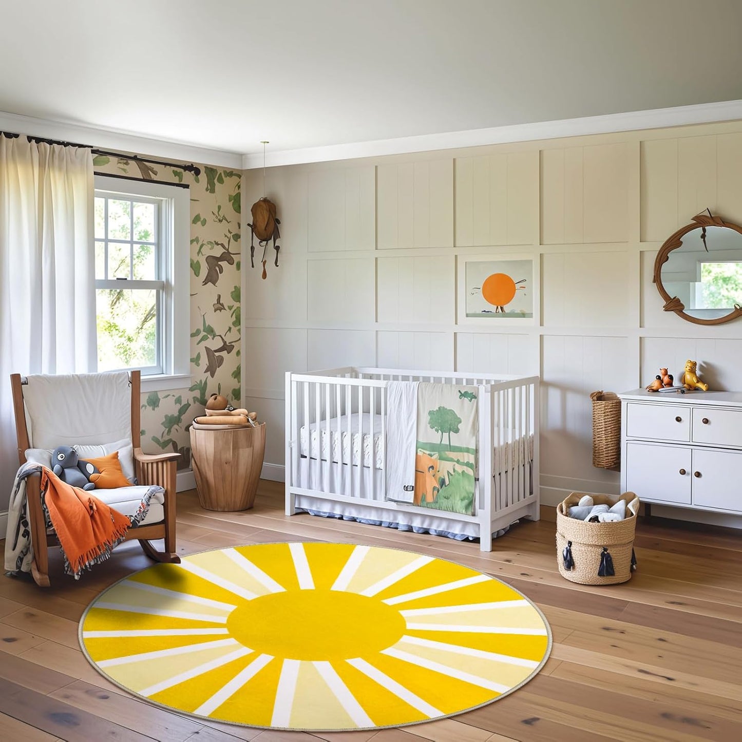 Round Area Rugs 5Ft - Washable Large Boho Round Rug for Living Room Cute Soft Nursery Rug Non-Slip Low-Pile Circle Rug, Rainbow Sun Print Round Carpet for Bedroom Dining Room (5'x5', Yellow)