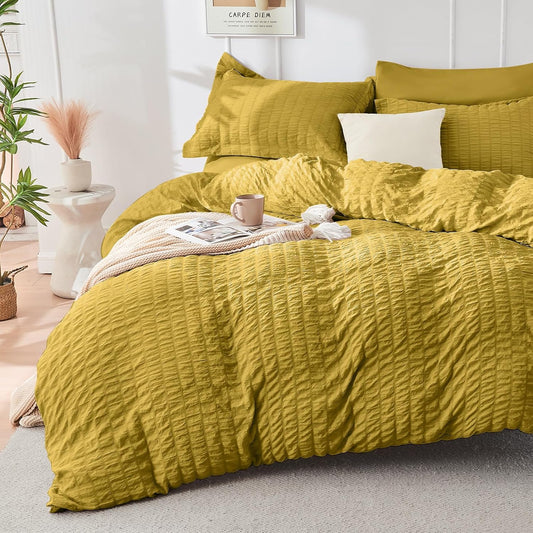 Mustard Yellow Full Size Comforter Sets Seersucker 7 Pieces, All Season Luxury Bed in a Bag for Bedroom, Bedding Set with Comforter, Sheets, Pillowcases & Shams