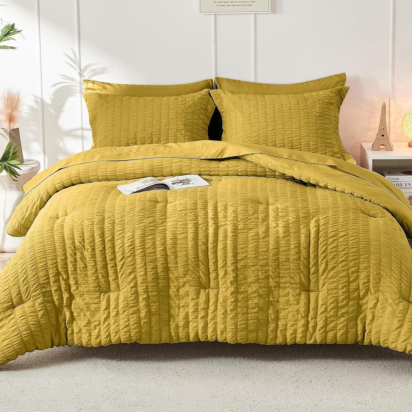 Mustard Yellow Full Size Comforter Sets Seersucker 7 Pieces, All Season Luxury Bed in a Bag for Bedroom, Bedding Set with Comforter, Sheets, Pillowcases & Shams